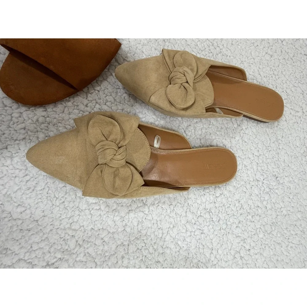 J.Crew Womens 12 Tan Brown Suede Bow Pointed Mule Slide 2 Pair Bundle Boho